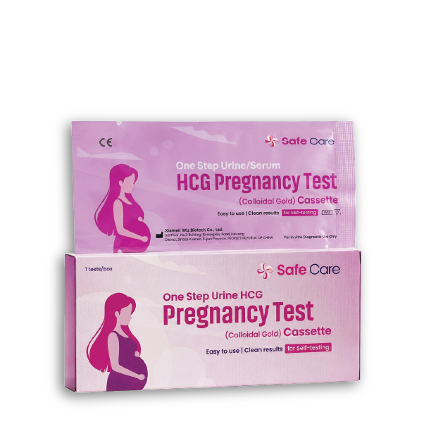Safe Care HCG pregnancy test — single cassette format with colloidal gold